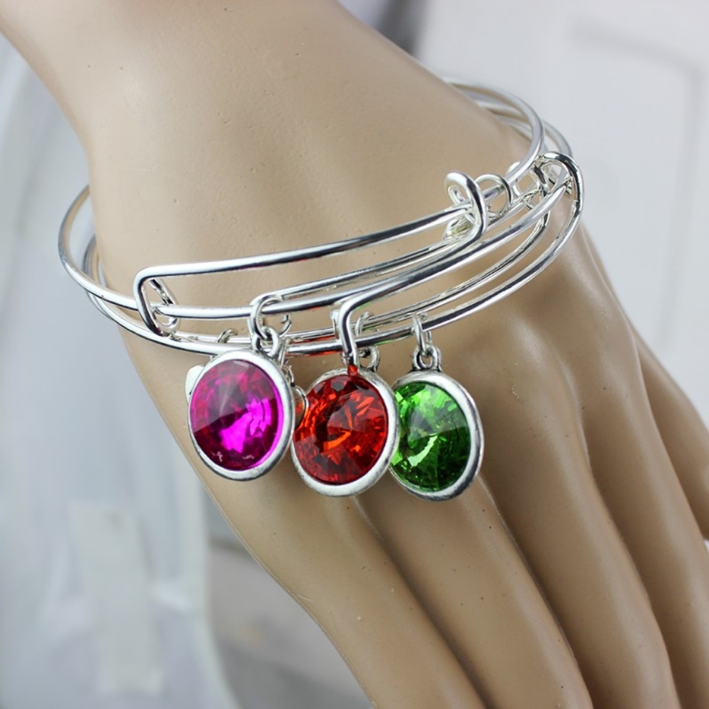 Birthstone Gemstone Charm Silver Bangle Bracelet - Picture 7 of 8